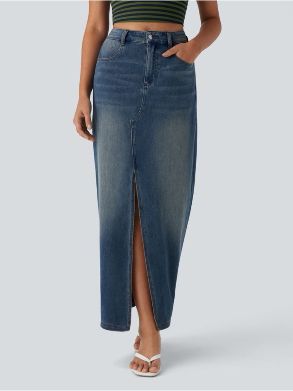 Halara Flex™ Mid Rise Pockets Straight Maxi Washed Denim Casual Skirt